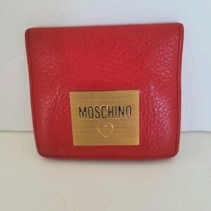 Moschino Mini Coin Case Holder Wallet Leather Small Red Logo Square Snap Pouch